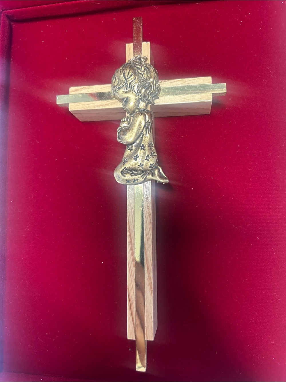 Gold and Natural Wood Praying Girl Cross – Home Accent